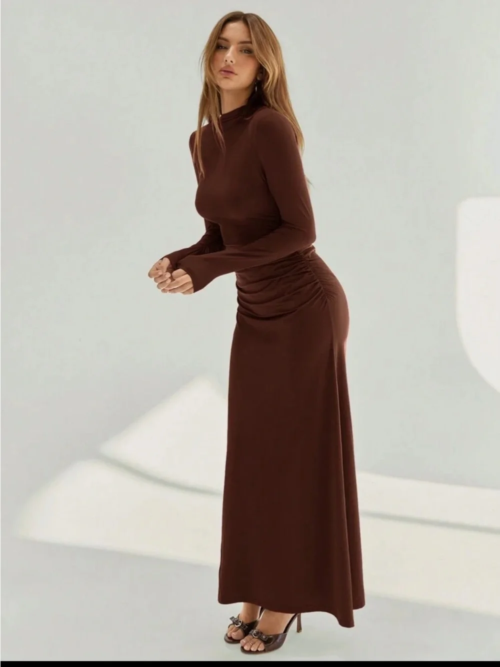 Women's Long Sleeve Ruched Maxi Dress - Chocolate Brown XS  BNWOT - Picture 3 of 14